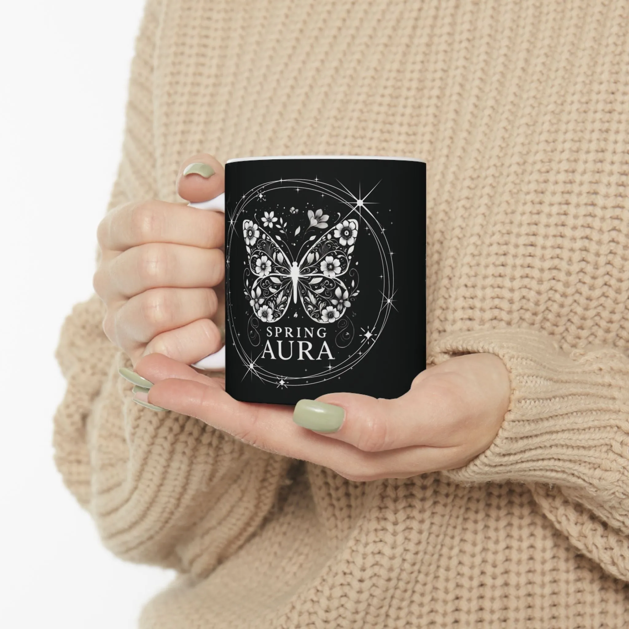 11oz Ceramic Mug - Mystical Butterfly, Black & White Nature-Inspired Coffee Cup, Spring Aura Gift for Butterfly & Nature Lovers, Aesthetic Tea Mug