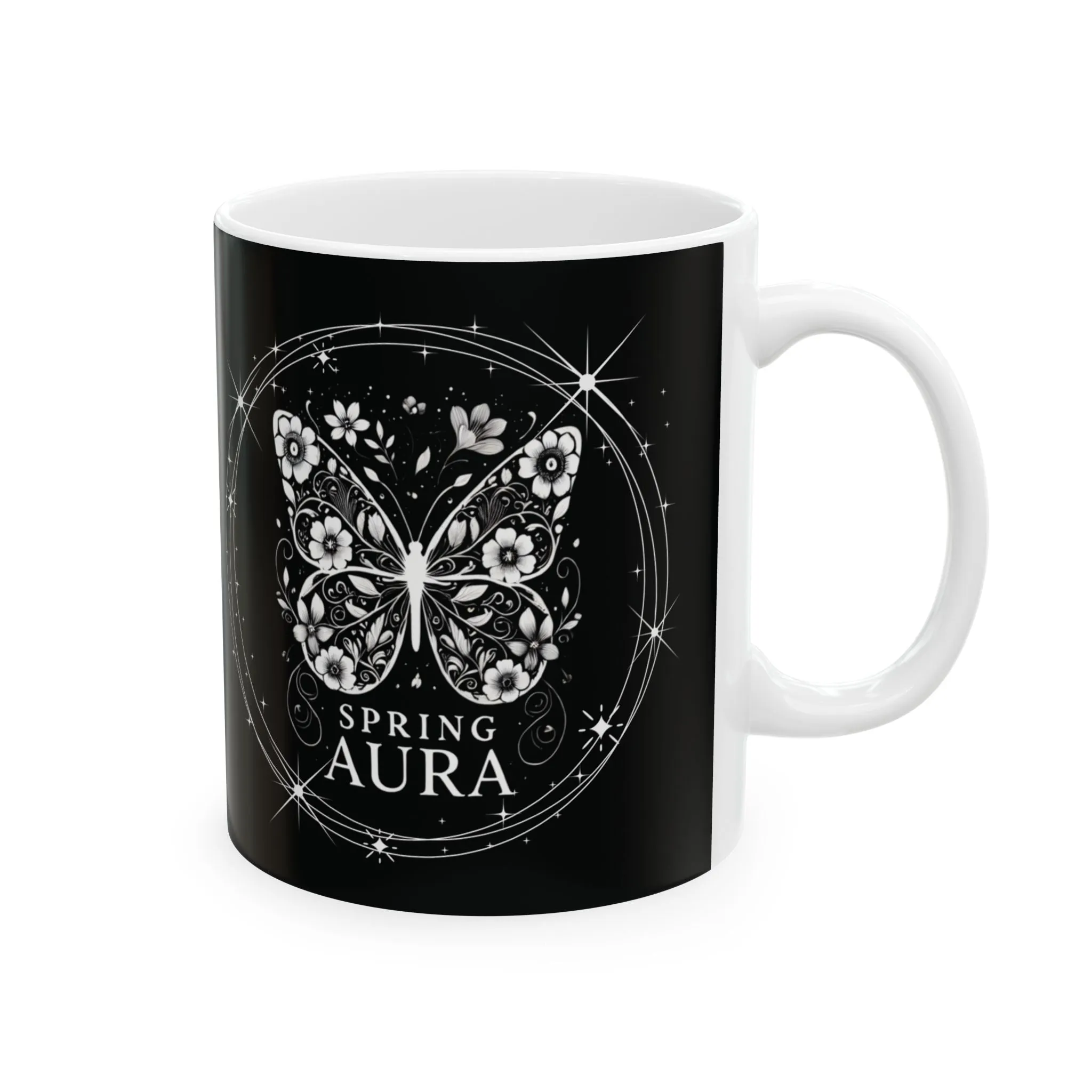 11oz Ceramic Mug - Mystical Butterfly, Black & White Nature-Inspired Coffee Cup, Spring Aura Gift for Butterfly & Nature Lovers, Aesthetic Tea Mug