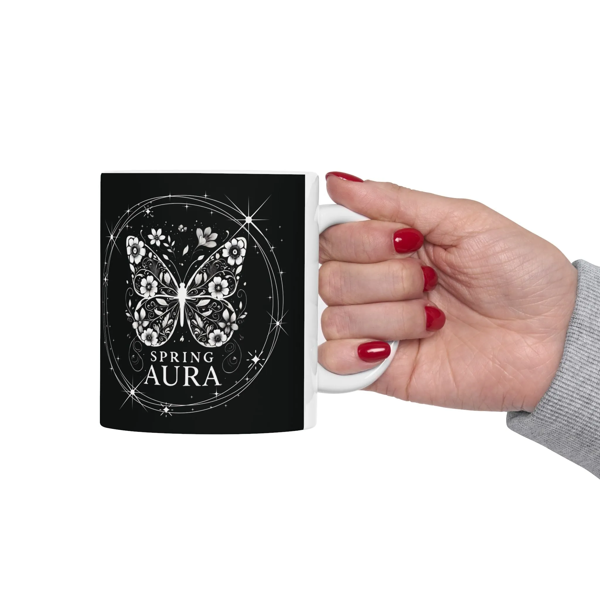 11oz Ceramic Mug - Mystical Butterfly, Black & White Nature-Inspired Coffee Cup, Spring Aura Gift for Butterfly & Nature Lovers, Aesthetic Tea Mug