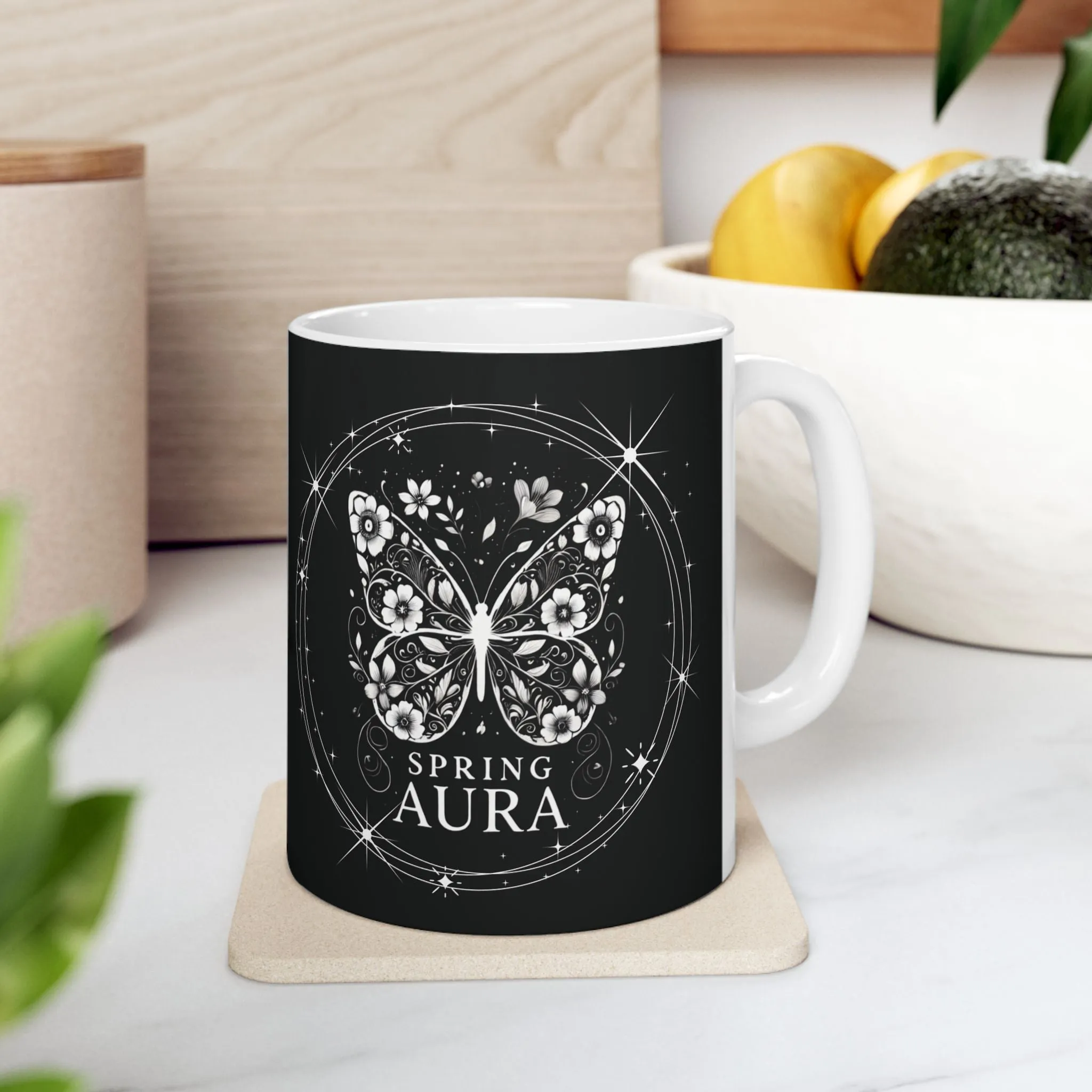 11oz Ceramic Mug - Mystical Butterfly, Black & White Nature-Inspired Coffee Cup, Spring Aura Gift for Butterfly & Nature Lovers, Aesthetic Tea Mug