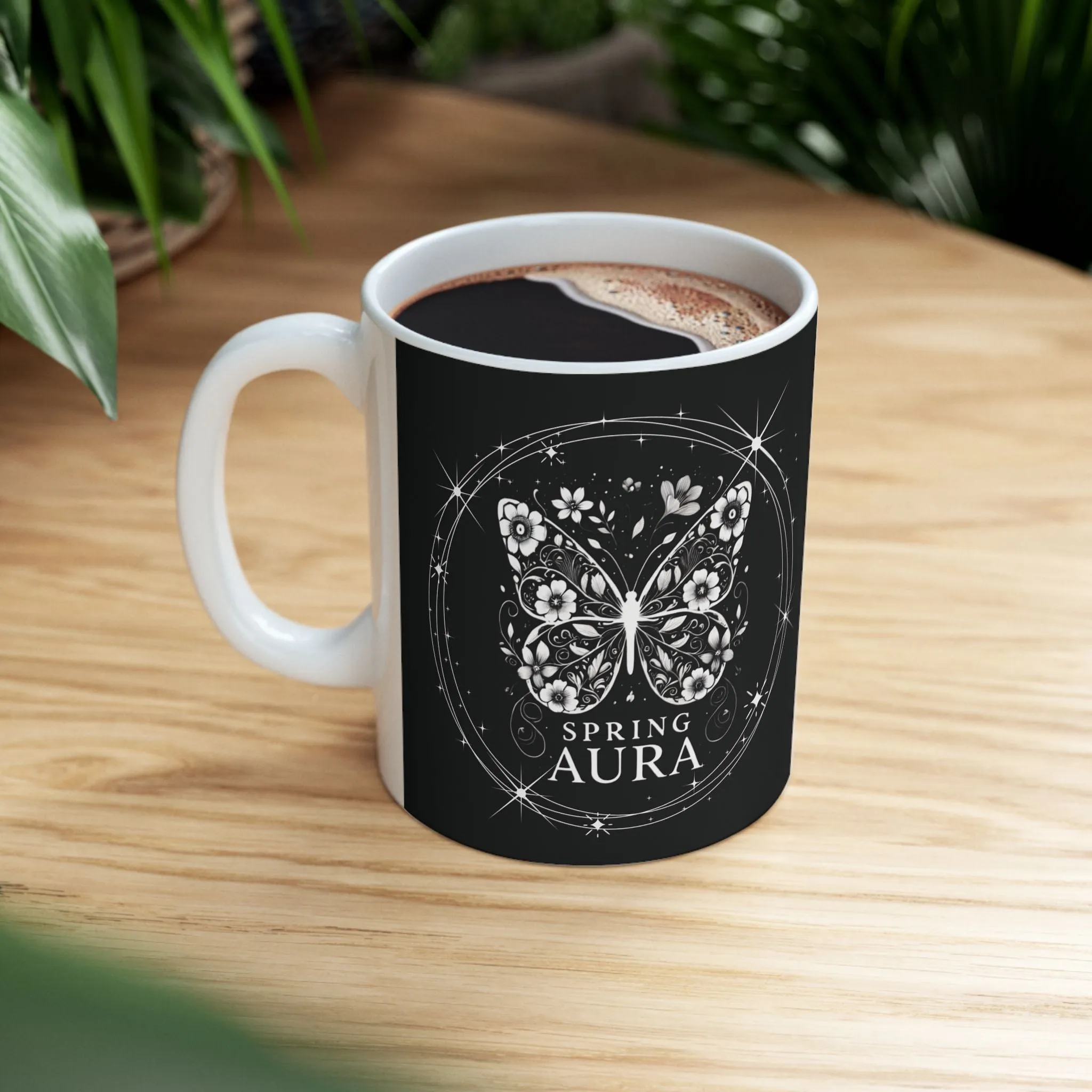 11oz Ceramic Mug - Mystical Butterfly, Black & White Nature-Inspired Coffee Cup, Spring Aura Gift for Butterfly & Nature Lovers, Aesthetic Tea Mug