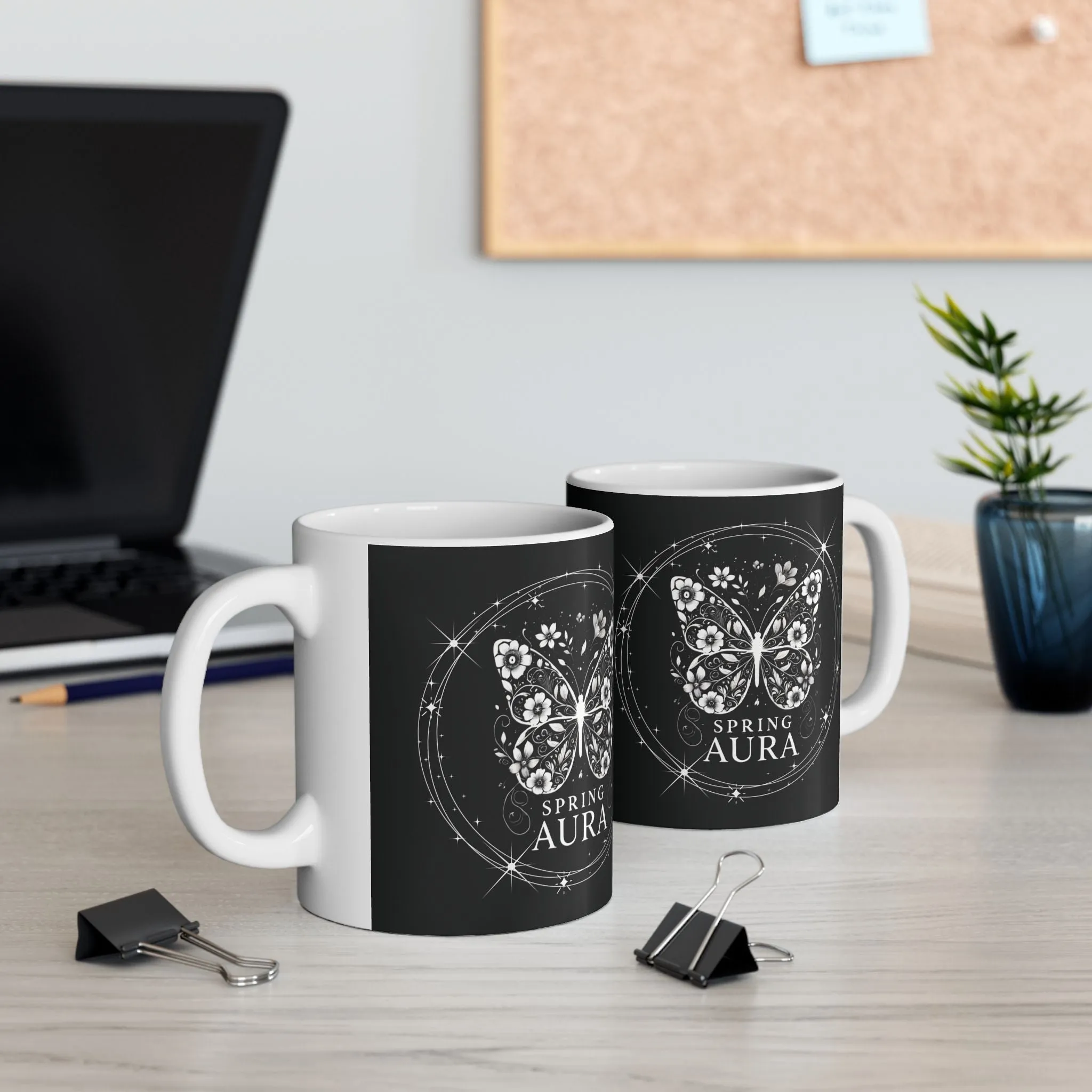 11oz Ceramic Mug - Mystical Butterfly, Black & White Nature-Inspired Coffee Cup, Spring Aura Gift for Butterfly & Nature Lovers, Aesthetic Tea Mug