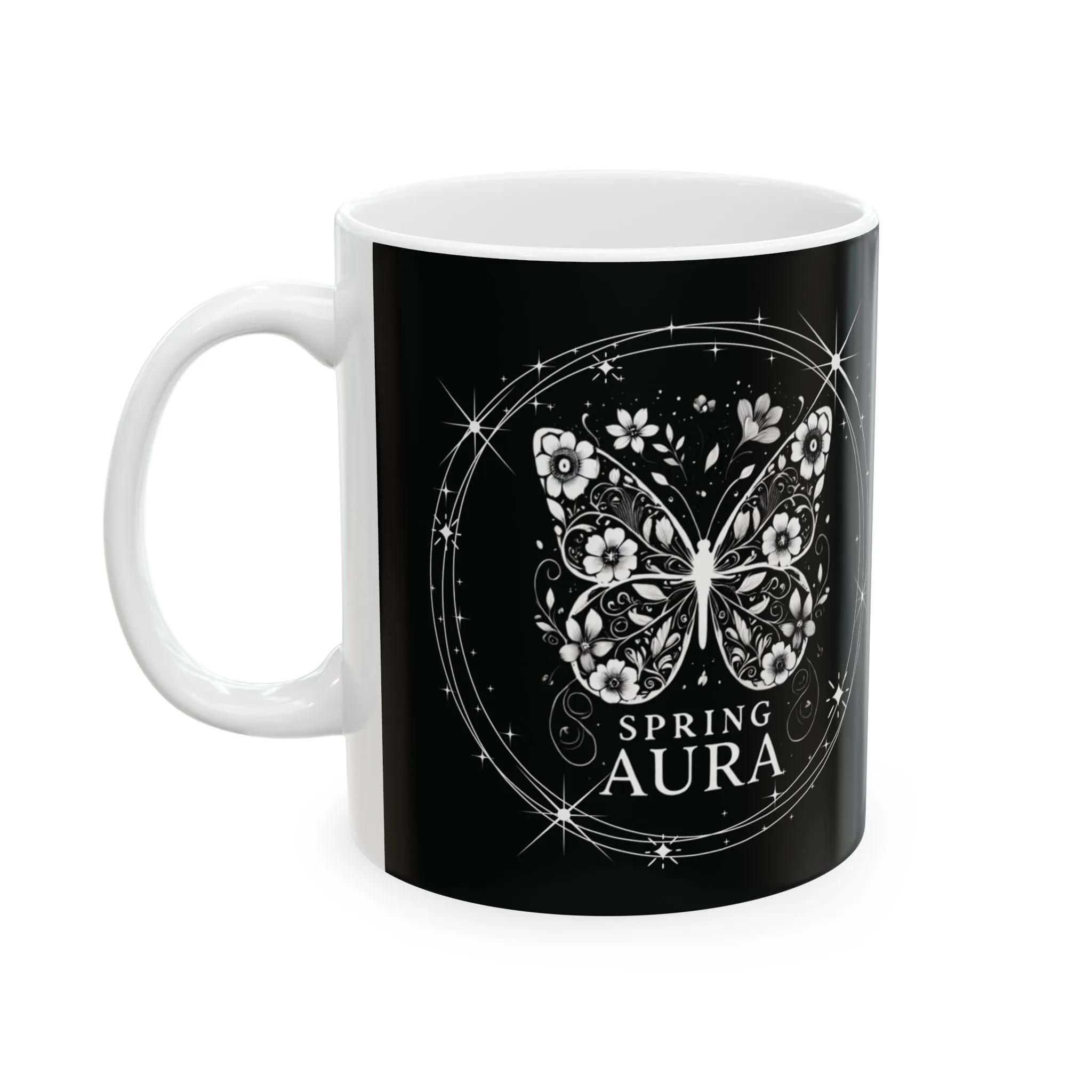 11oz Ceramic Mug - Mystical Butterfly, Black & White Nature-Inspired Coffee Cup, Spring Aura Gift for Butterfly & Nature Lovers, Aesthetic Tea Mug
