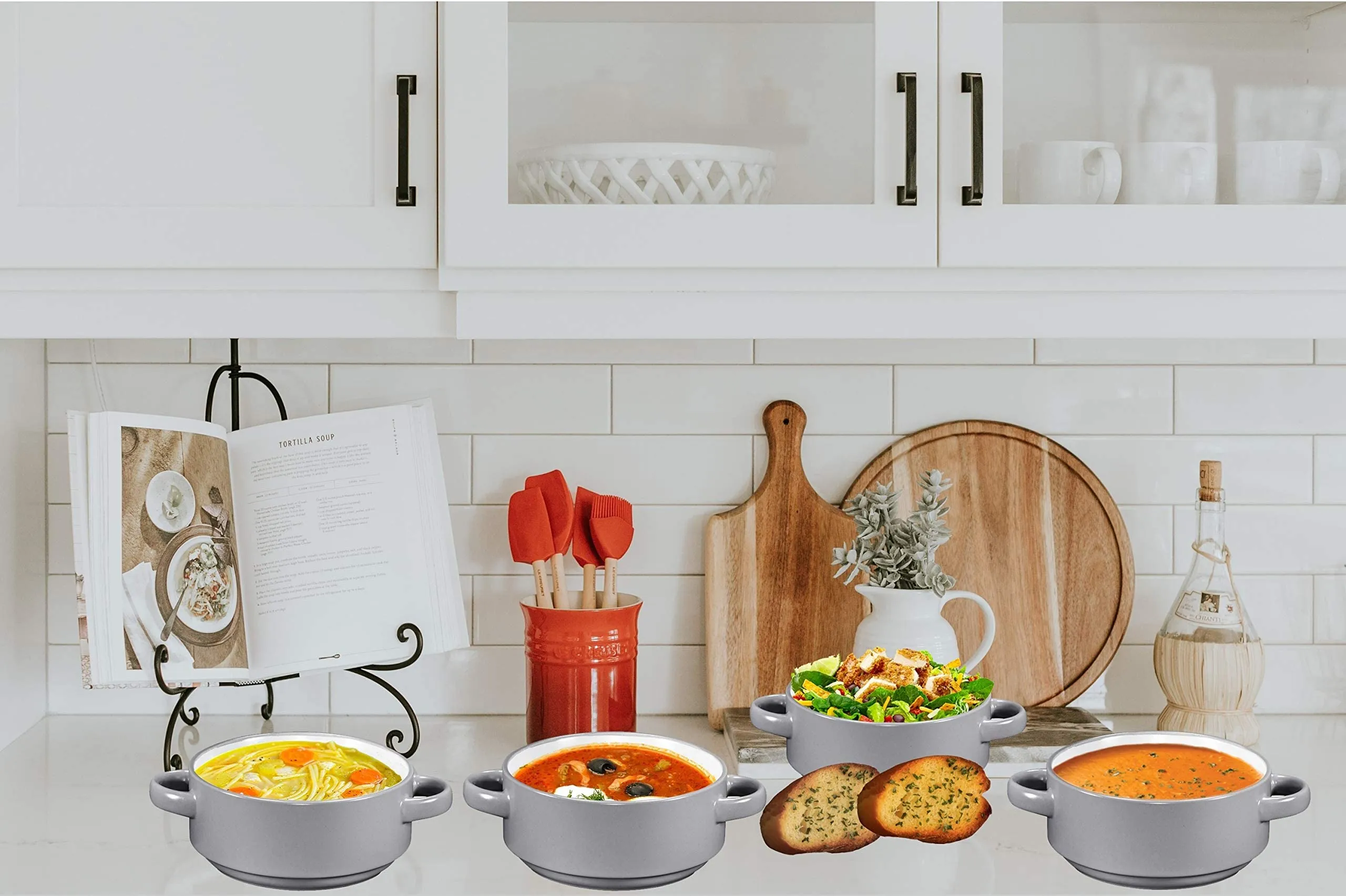 19oz Ceramic Soup Bowls with Handles - Oven Safe Bowls for French Onion Soup, Grey Oven