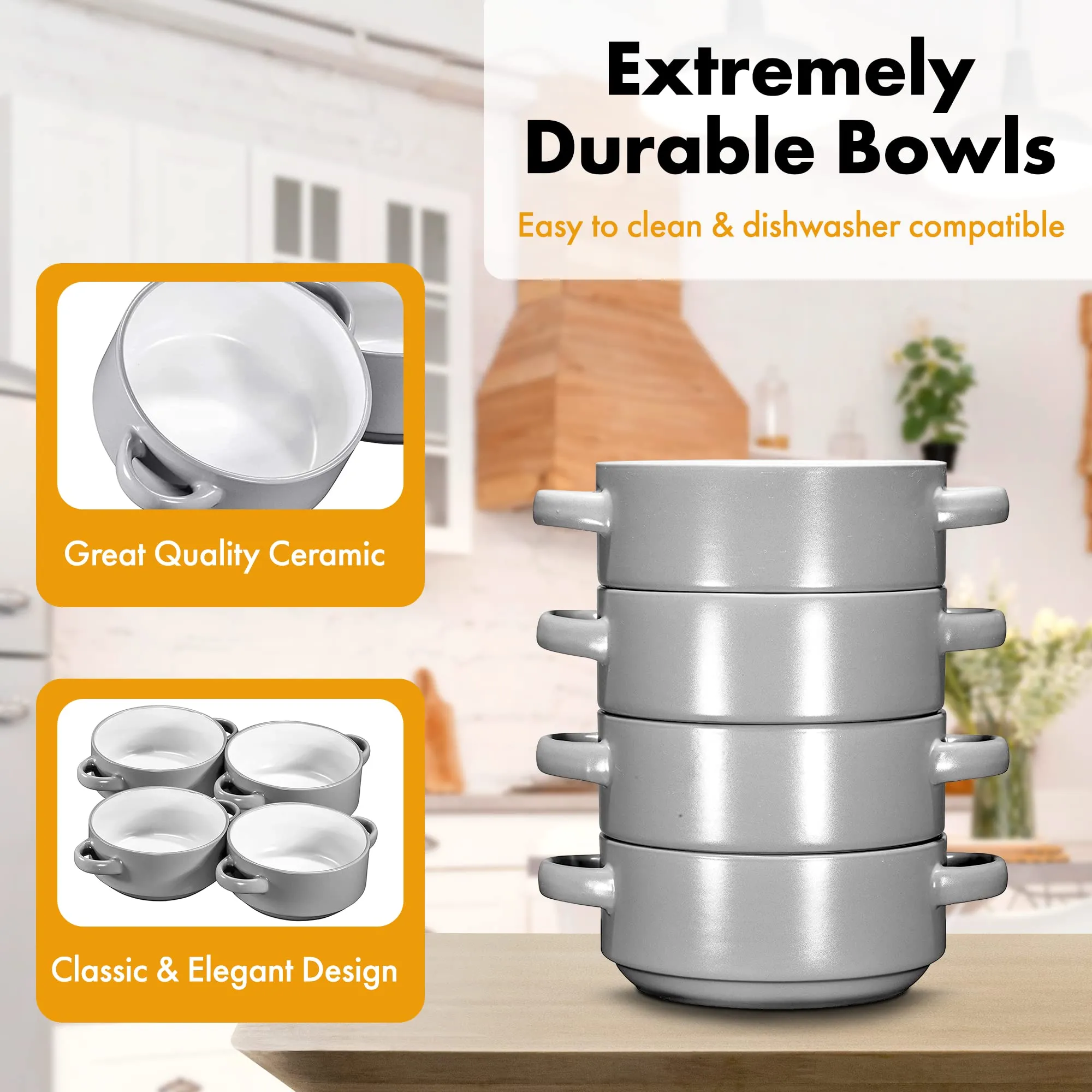 19oz Ceramic Soup Bowls with Handles - Oven Safe Bowls for French Onion Soup, Grey Oven
