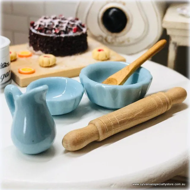 Baking Set: Bowls, Jug, Rolling Pin and Wooden Spoon - Blue