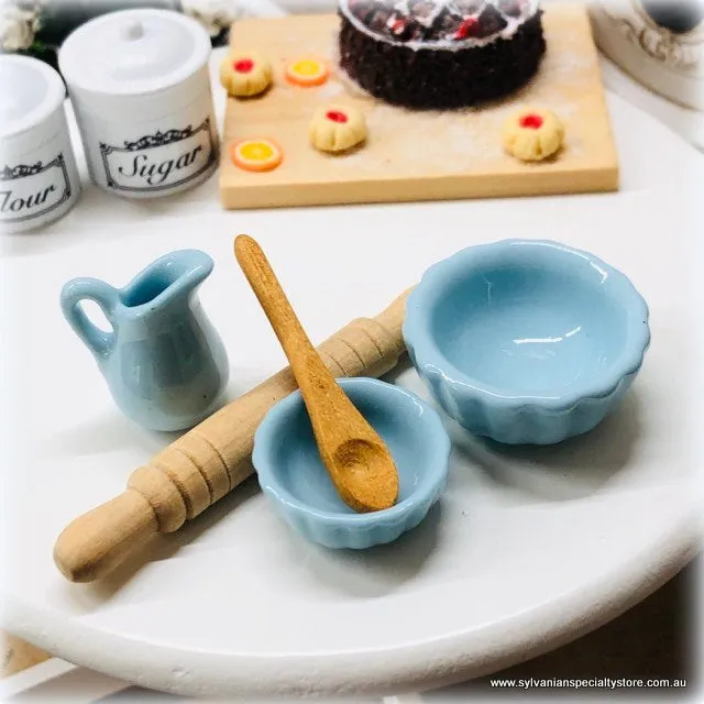 Baking Set: Bowls, Jug, Rolling Pin and Wooden Spoon - Blue