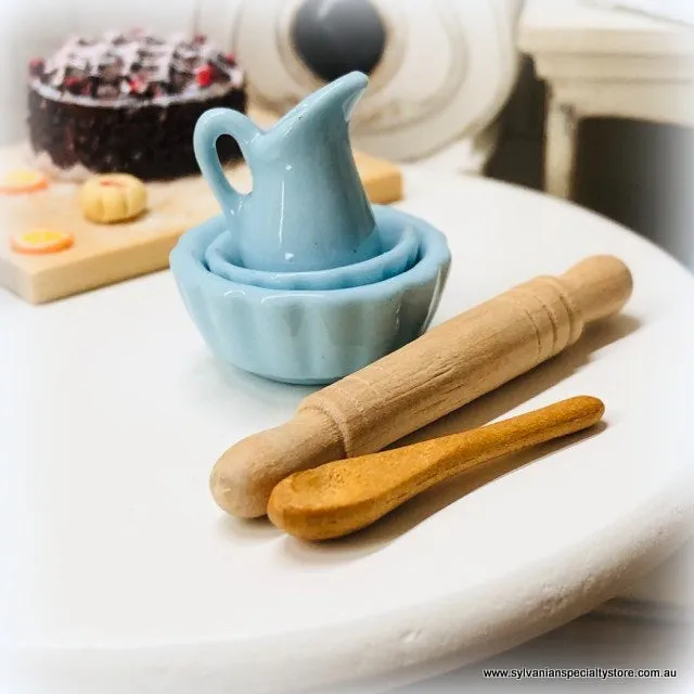 Baking Set: Bowls, Jug, Rolling Pin and Wooden Spoon - Blue