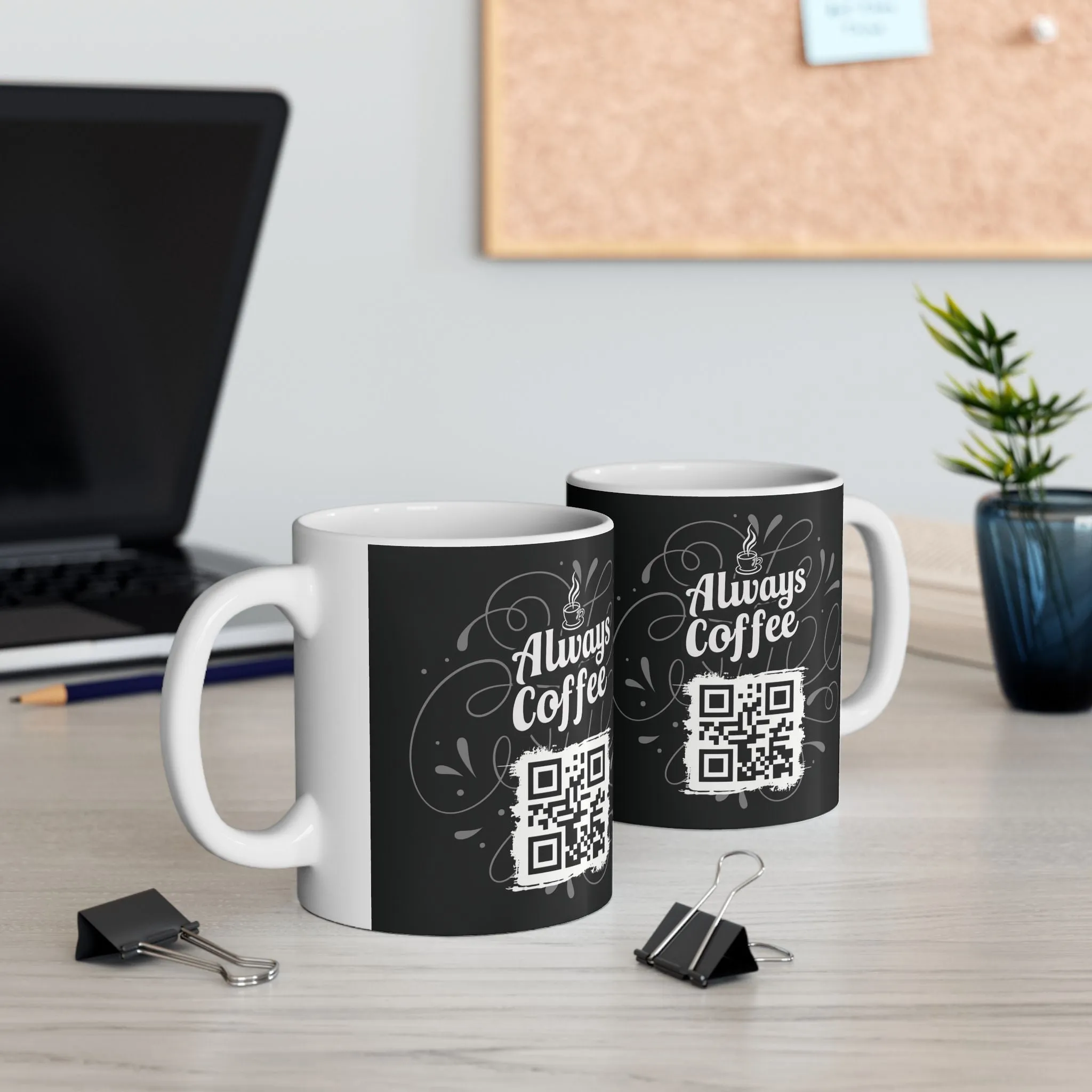 Black Ceramic Coffee Mug 11oz - 'Always Coffee' QR Code Design, Funny Gift for Coffee Lovers, Baristas, Home & Office, Dishwasher & Microwave Safe