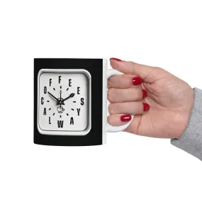 Black Ceramic Mug 11oz - Coffee Always Clock Design - Gift for Coffee Addicts, Baristas & Workaholics - Black & White Coffee Mug with White Interior