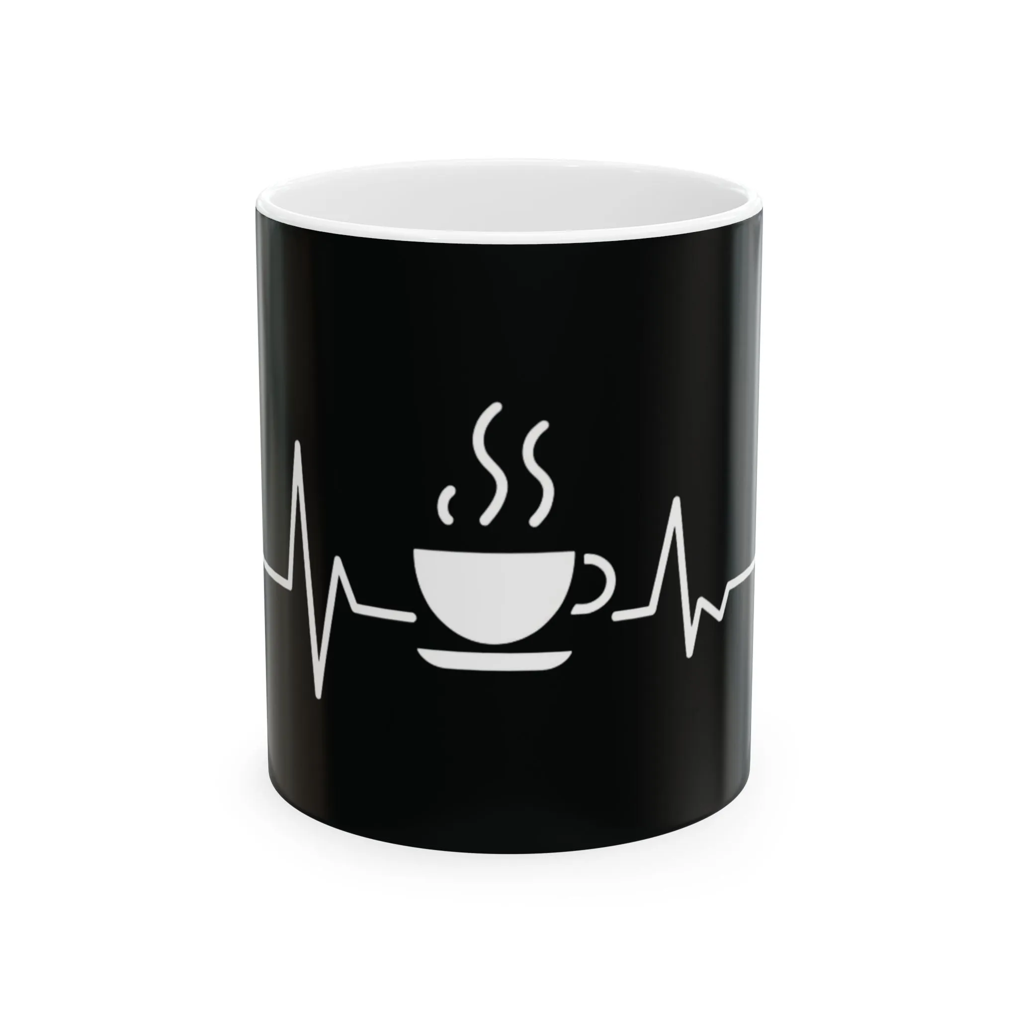 Black Ceramic Mug 11oz - Coffee Heartbeat Minimalist Design - Black & White Cup for Coffee Lovers, Baristas & Espresso Fans - Unique Gift Idea