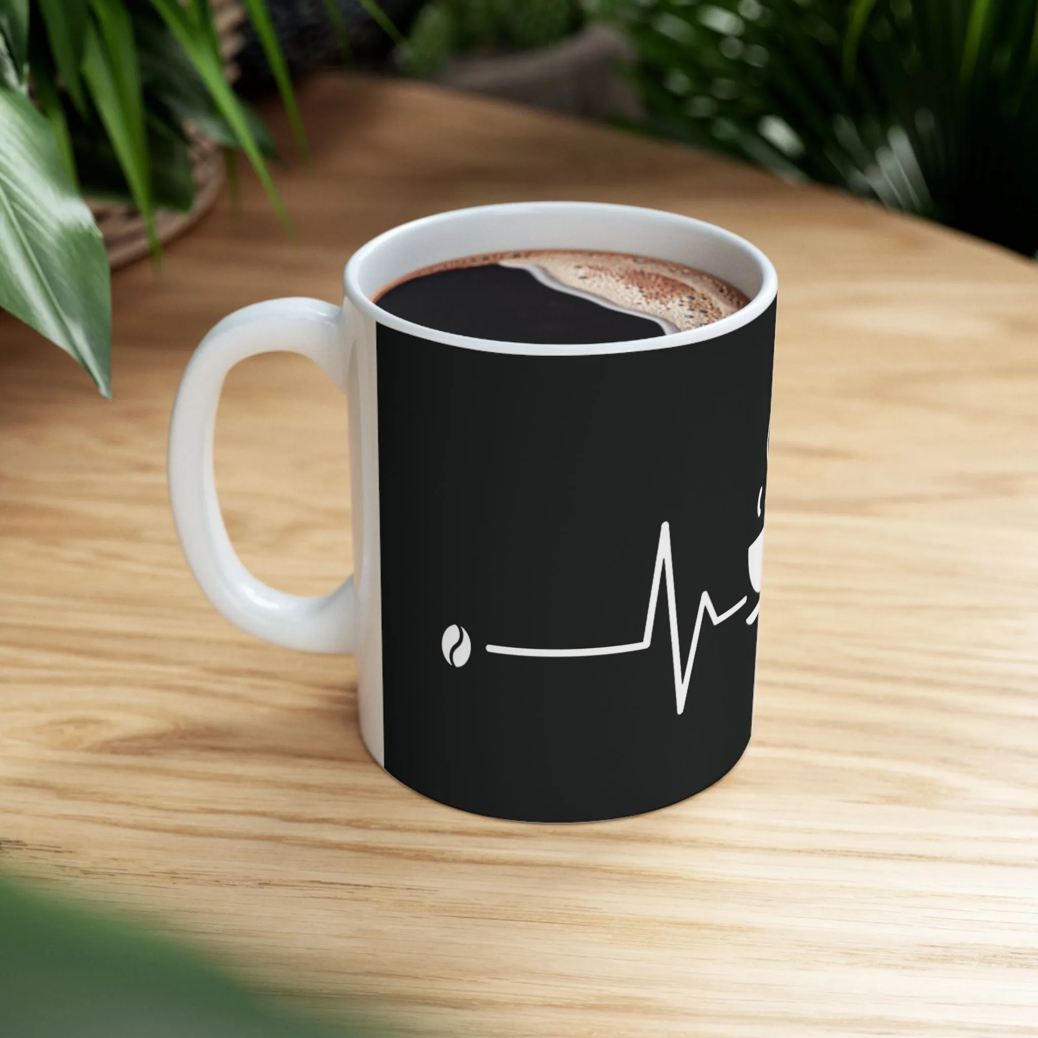 Black Ceramic Mug 11oz - Coffee Heartbeat Minimalist Design - Black & White Cup for Coffee Lovers, Baristas & Espresso Fans - Unique Gift Idea