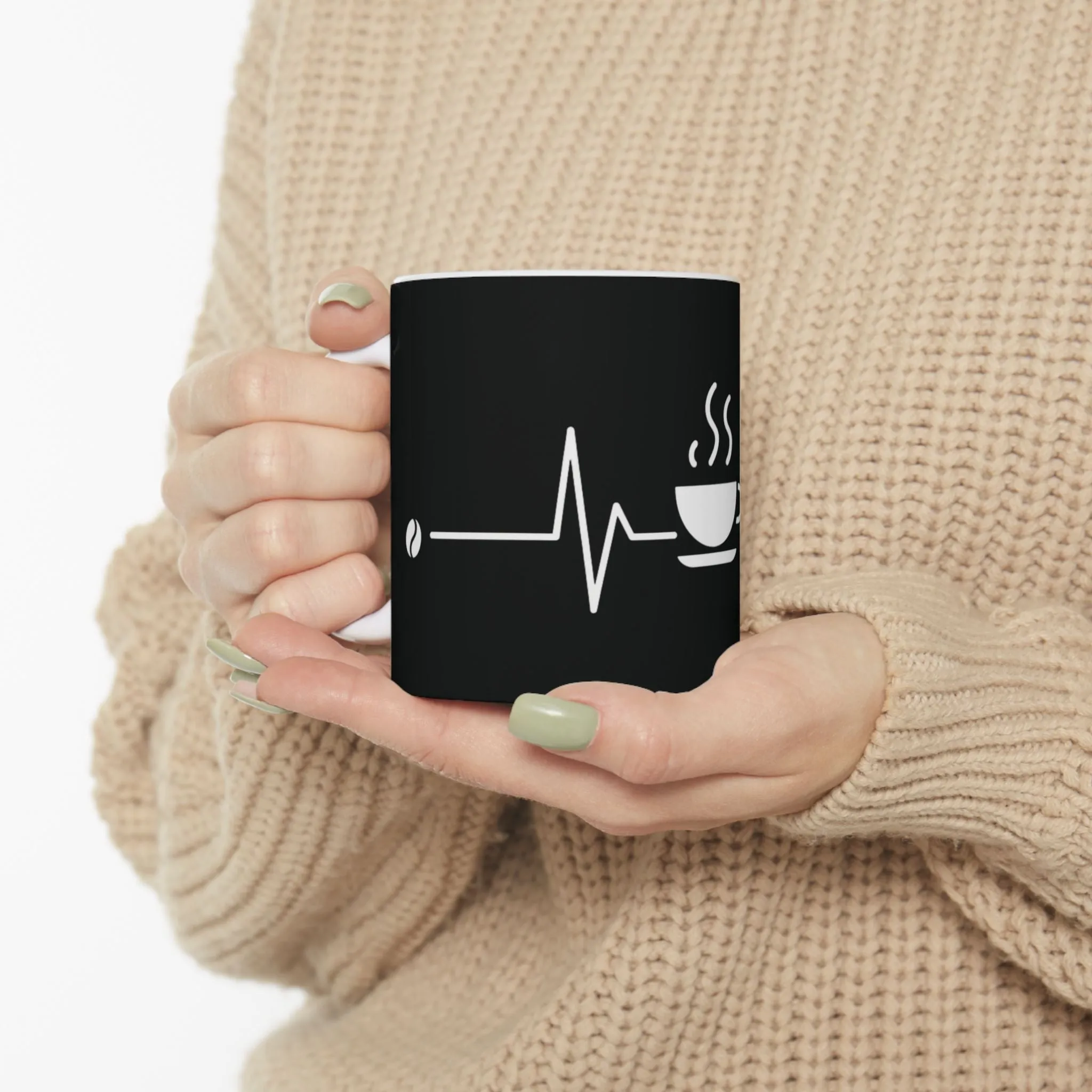 Black Ceramic Mug 11oz - Coffee Heartbeat Minimalist Design - Black & White Cup for Coffee Lovers, Baristas & Espresso Fans - Unique Gift Idea
