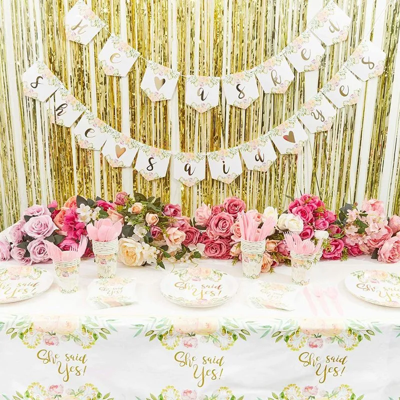 Bridal Party Pack, Includes Paper Plates, Napkins, Cups, Cutlery, Banner, and Plastic Tablecloth (Serves 24, 146 Pieces)