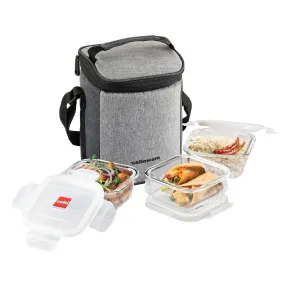 CELLO Delighta Square Borosilicate Glass Lunch Box with Jacket, 320ml, Set of 3 | Vertical Glass Lunch Boxes | Microwave Safe and Leak Proof | Ideal for College, Office