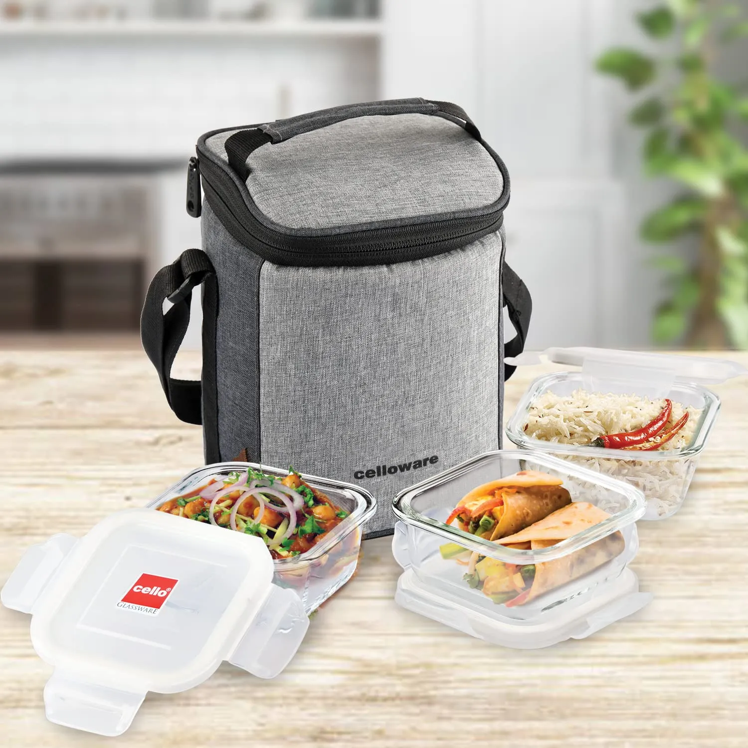 CELLO Delighta Square Borosilicate Glass Lunch Box with Jacket, 320ml, Set of 3 | Vertical Glass Lunch Boxes | Microwave Safe and Leak Proof | Ideal for College, Office