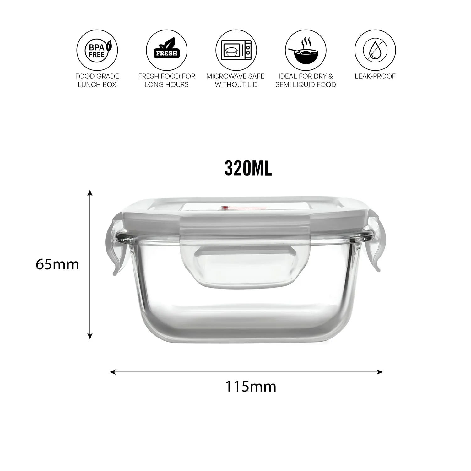 CELLO Delighta Square Borosilicate Glass Lunch Box with Jacket, 320ml, Set of 3 | Vertical Glass Lunch Boxes | Microwave Safe and Leak Proof | Ideal for College, Office