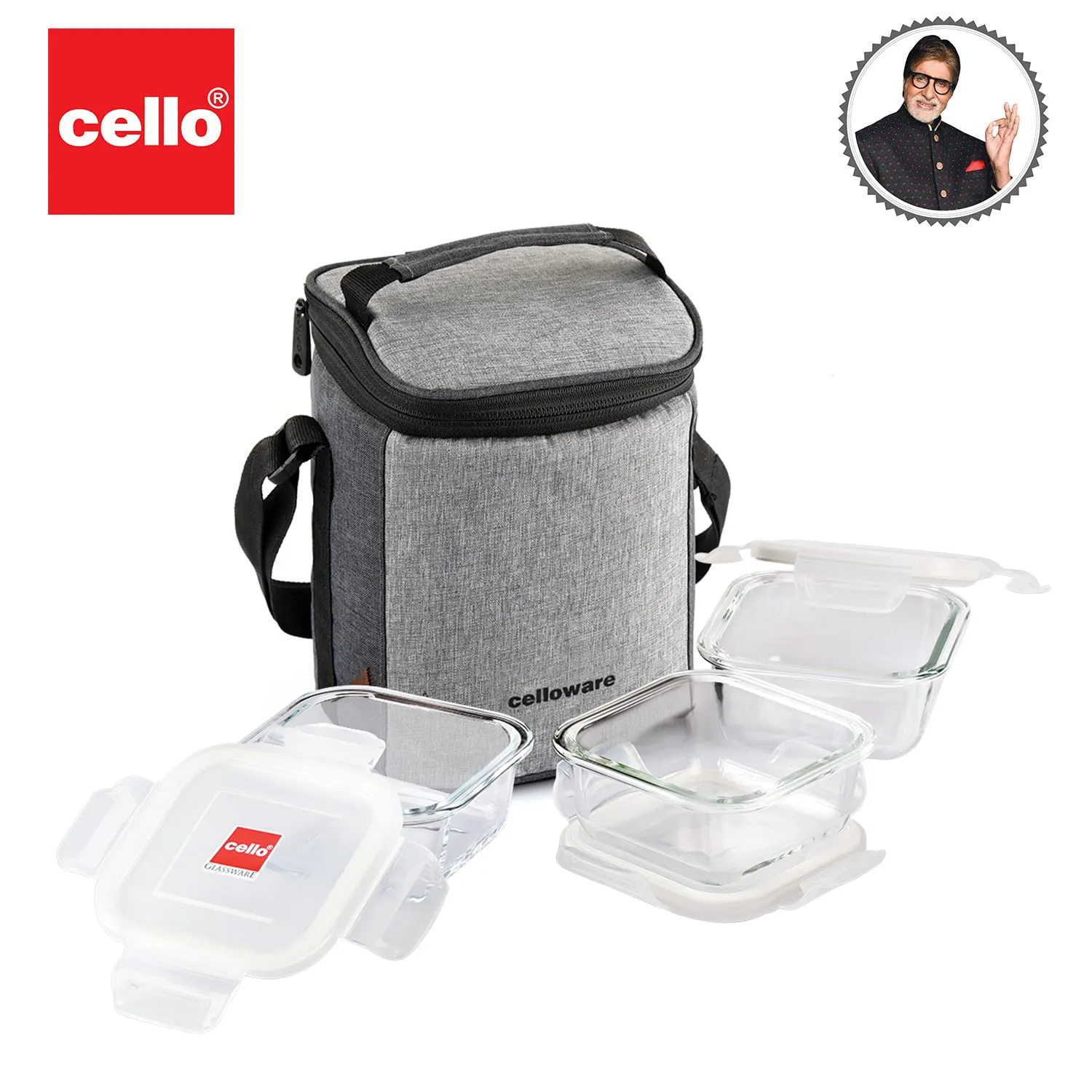 CELLO Delighta Square Borosilicate Glass Lunch Box with Jacket, 320ml, Set of 3 | Vertical Glass Lunch Boxes | Microwave Safe and Leak Proof | Ideal for College, Office