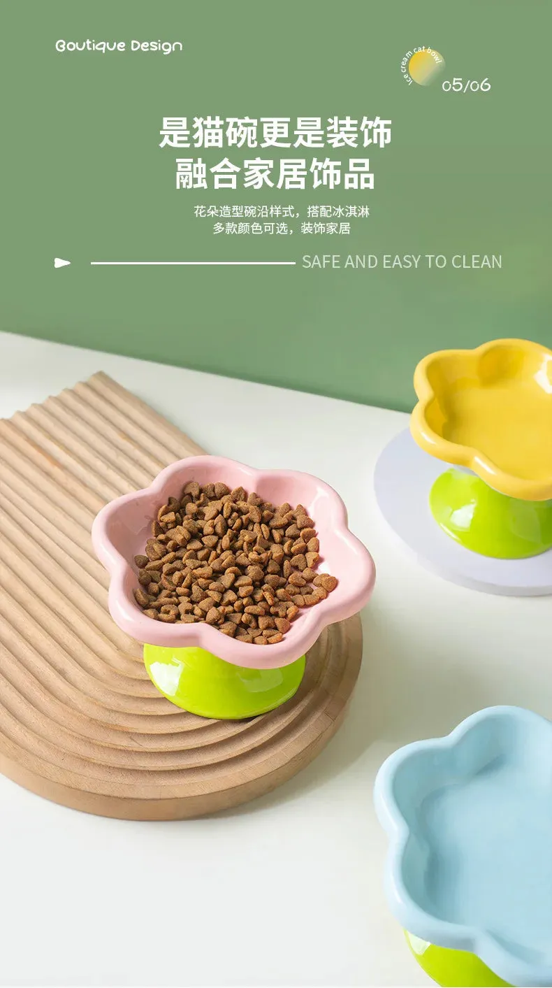 Ceramic Raised Cat Bowl With Flower Design, Elevated Cat Food Bowl Water Plate Snack Dish With Stand For Neck Protection