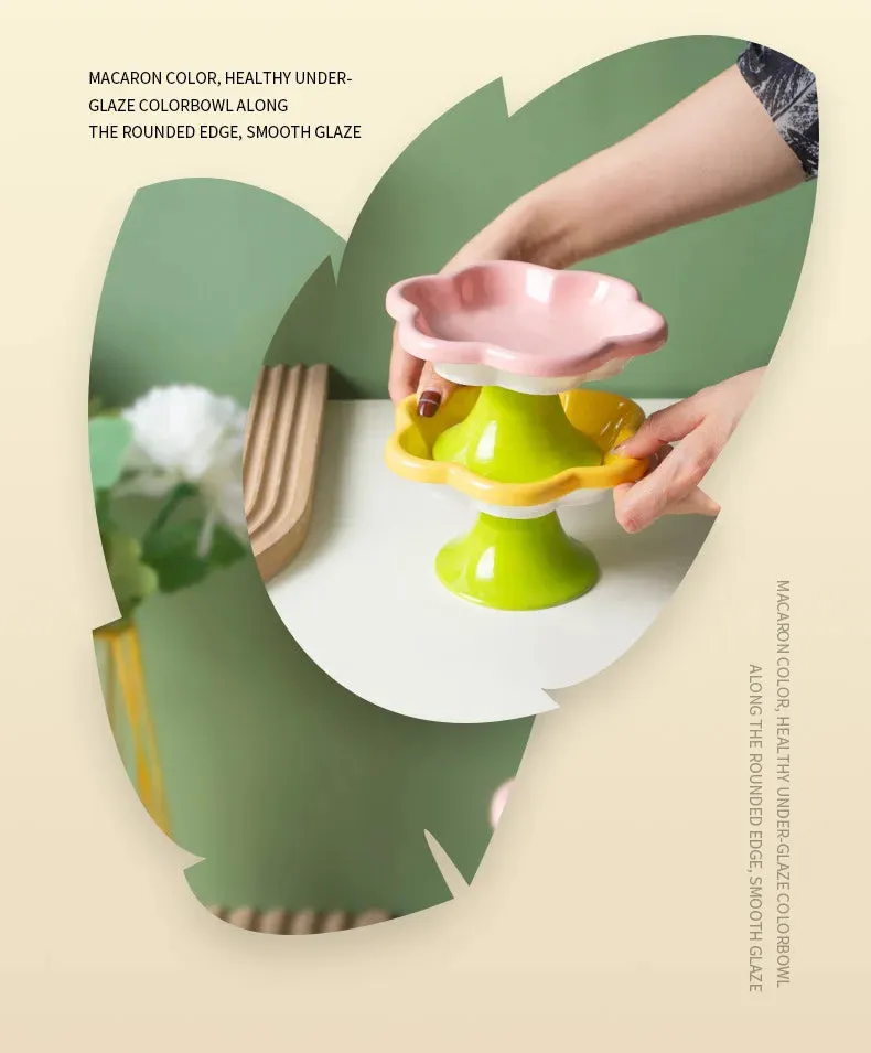 Ceramic Raised Cat Bowl With Flower Design, Elevated Cat Food Bowl Water Plate Snack Dish With Stand For Neck Protection