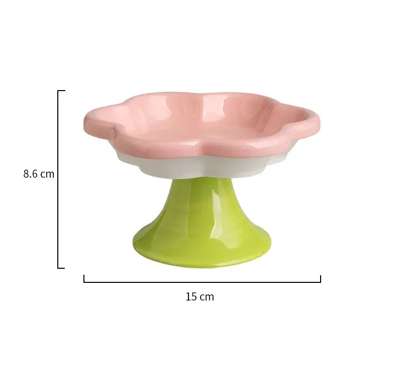 Ceramic Raised Cat Bowl With Flower Design, Elevated Cat Food Bowl Water Plate Snack Dish With Stand For Neck Protection