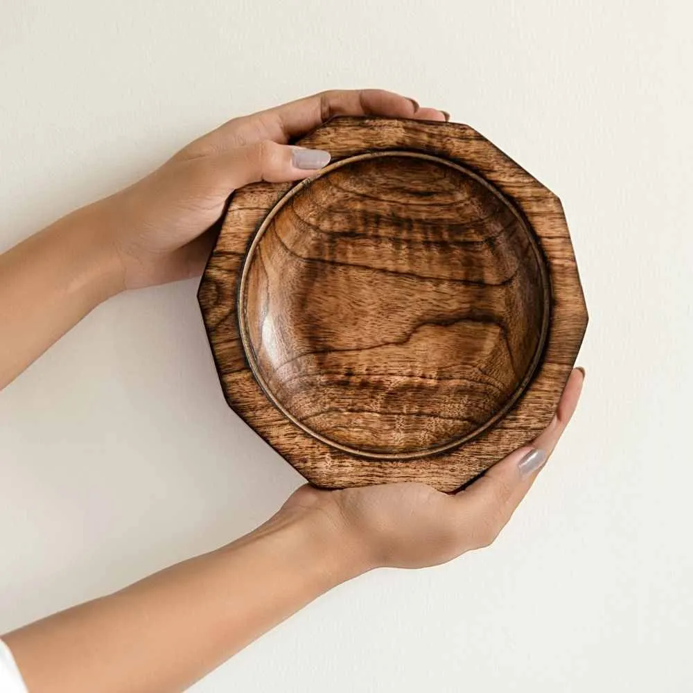 Decagon Wooden Round Serving Bowl | Mango Wood |  Dark Brown | 7 Inch
