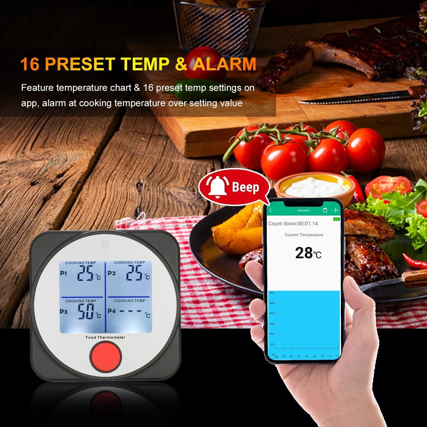 Food Thermometer With Stainless Steel Probe | Wireless Temperature Meter For Kitchen.